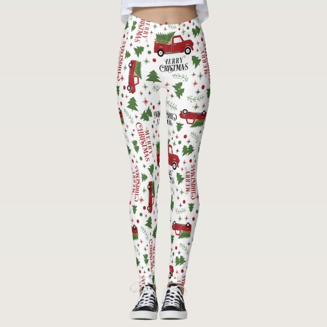 Vintager Red Truck mit Weihnachtsbaum Leggings (Vorderseite)