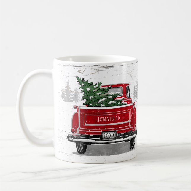 Vintager Red Truck mit Weihnachtsbaum Name Kaffeetasse (Links)