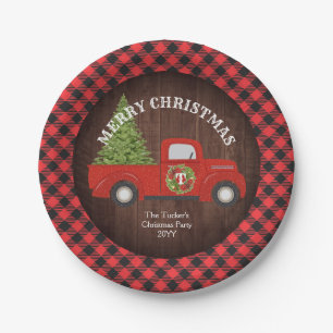 Vintager Red Truck mit Weihnachtsbaum Pappteller