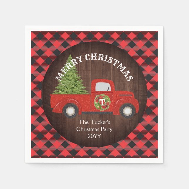 Vintager Red Truck mit Weihnachtsbaum Serviette (Vorderseite)