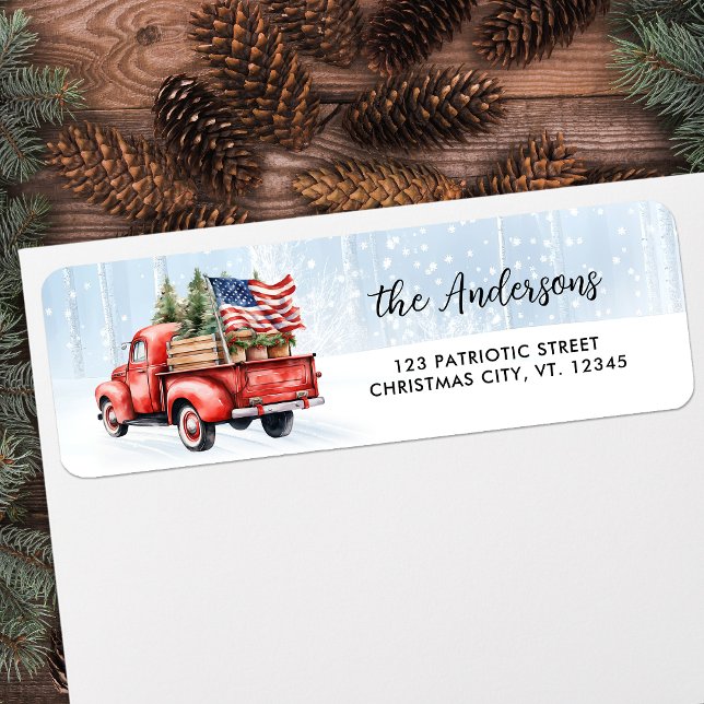 Vintager Red Truck Patriotic Flag Weihnachtsanschr (Von Creator hochgeladen)