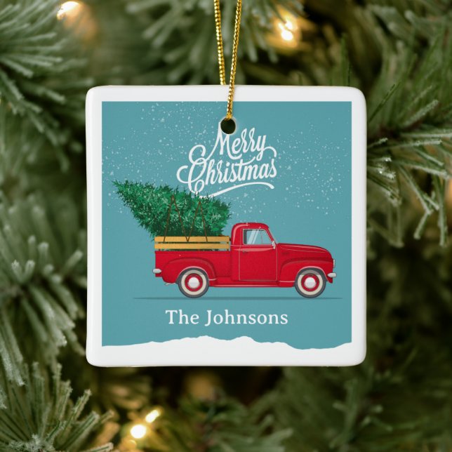 Vintager Red Truck Personalisiert Weihnachten Keramikornament (Baum)