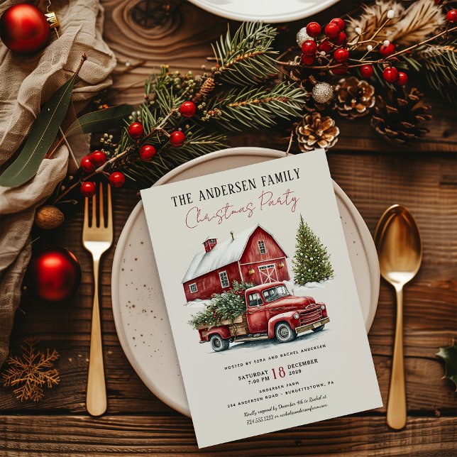 Vintager Red Truck Rustic Party Einladung (Vintage Red Truck Rustic Family Christmas Party Invitation )