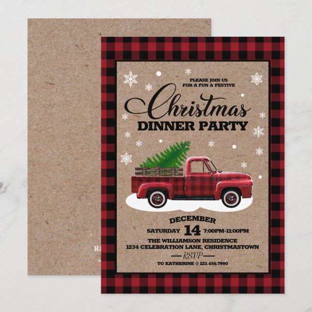 Vintager Red Truck Rustikales Landweihnachtessen Einladung (Vorne/Hinten)