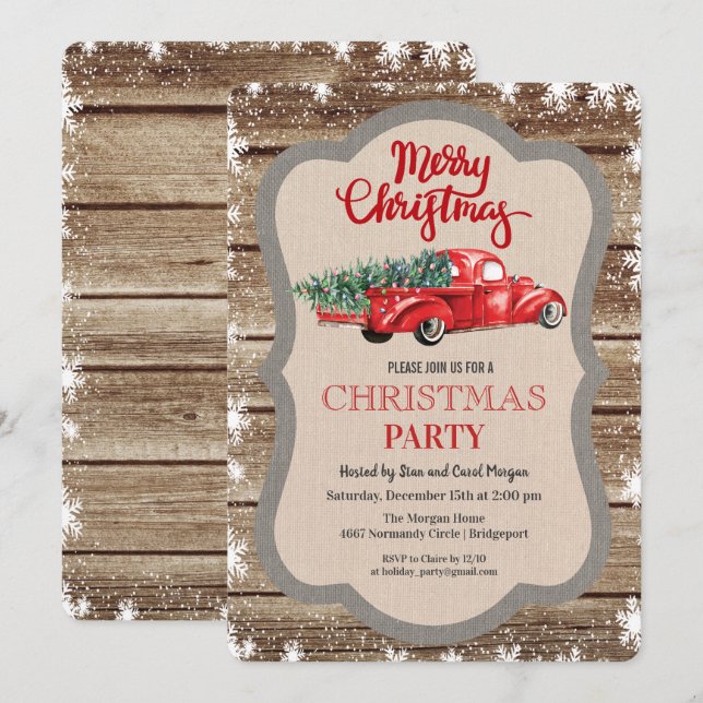 Vintager Red Truck Snowflake Weihnachten Einladung (Vorne/Hinten)