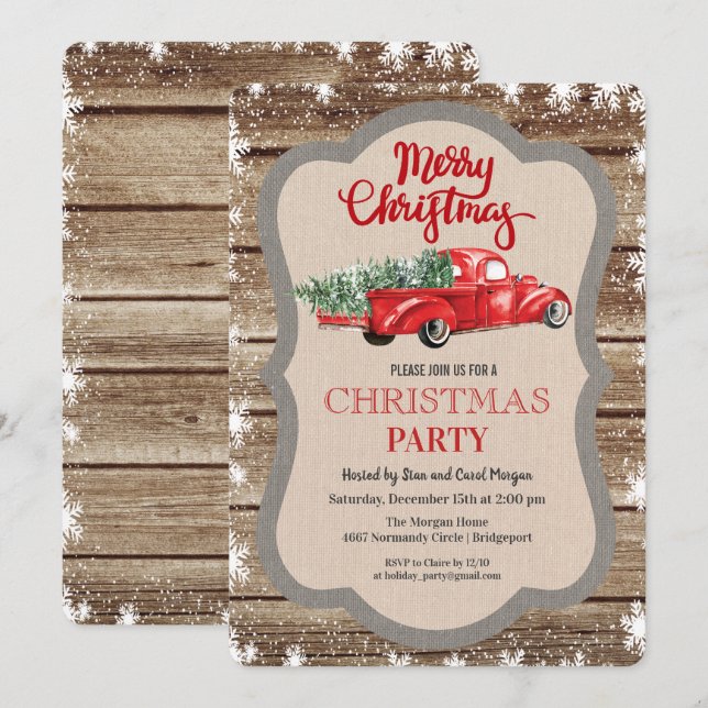 Vintager Red Truck Snowflake Weihnachten Einladung (Vorne/Hinten)