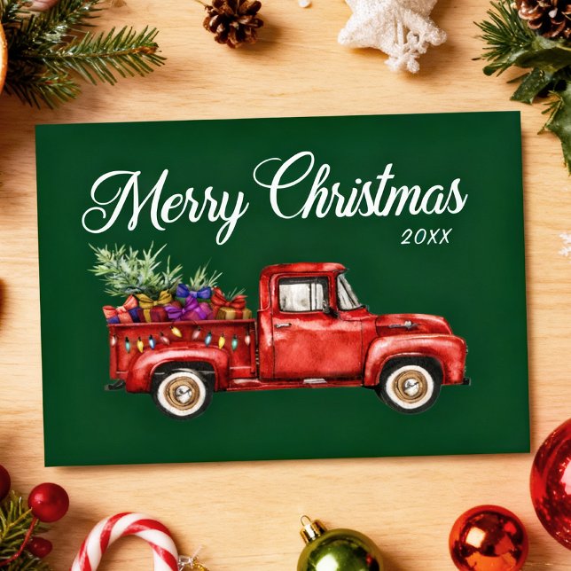 Vintager Red Truck Tree Geschenke Frohe Weihnachte Postkarte (Von Creator hochgeladen)