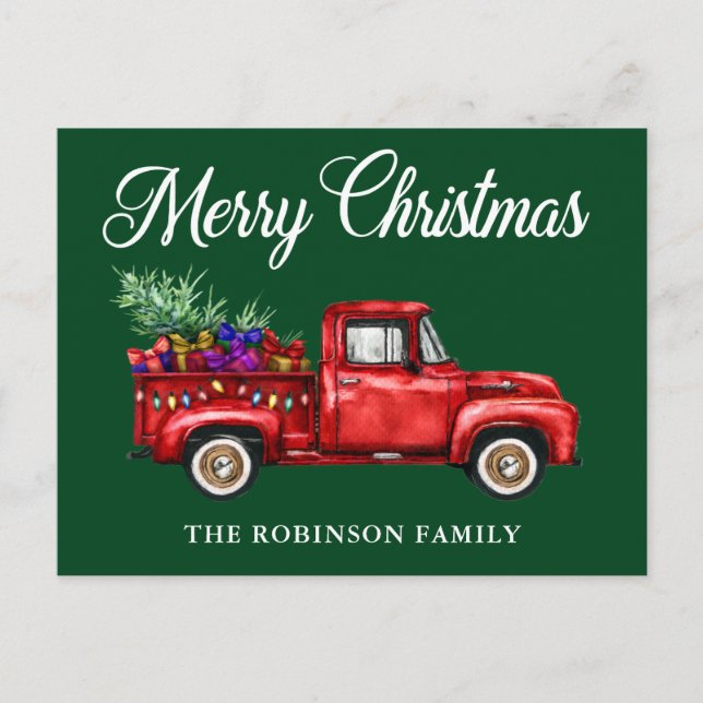 Vintager Red Truck Tree Geschenke Weihnachtsfamili Postkarte (Vorderseite)
