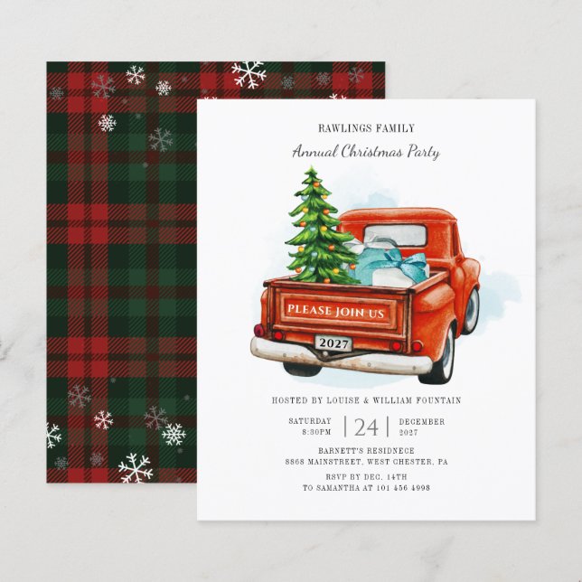 Vintager Red Truck Weihnachts-Einladung (Vorne/Hinten)