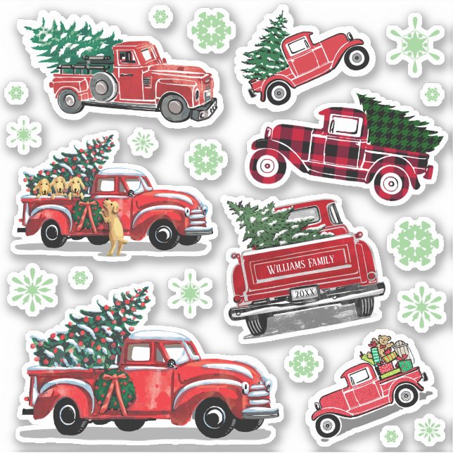 Vintager Red Truck Weihnachtsbaum Grüne Schneefloc Aufkleber (Vorderseite)