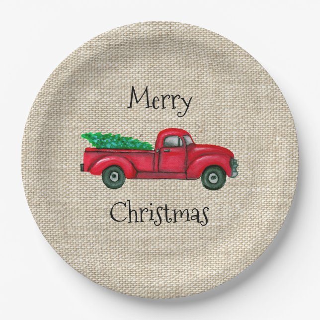 Vintager Red Truck Weihnachtsbaum Melaminplatte Pappteller (Vorderseite)