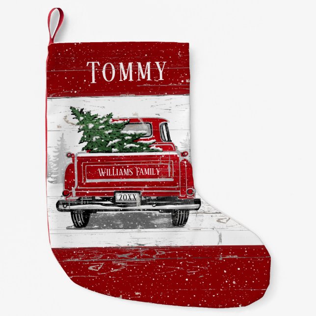Vintager Red Truck Weihnachtsbaum Name Kleiner Weihnachtsstrumpf (Vorderseite)
