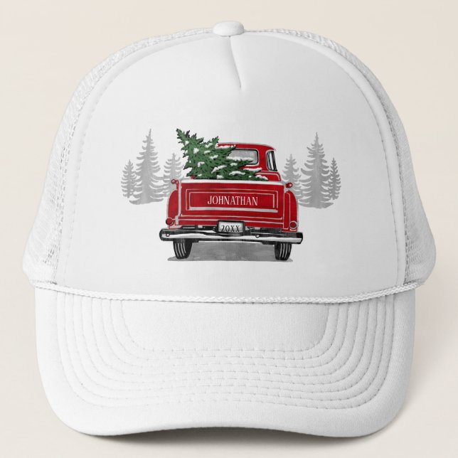Vintager Red Truck Weihnachtsbaum Rustikaler Name Truckerkappe (Vorderseite)