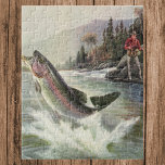 Vintager Regenbogenforellenfisch, Fischfang<br><div class="desc">Vintages Illustrationsportdesign mit einem Fischer in einem Fluss. Eine Regenbogenforelle spritzt und springt aus dem Wasser.</div>