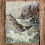 Vintager Regenbogenforellenfisch, Fischfang<br><div class="desc">Vintages Illustrationsportdesign mit einem Fischer in einem Fluss. Eine Regenbogenforelle spritzt und springt aus dem Wasser.</div>