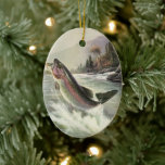 Vintager Regenbogenforellenfisch, Fischfang Keramikornament<br><div class="desc">Vintages Illustrationsportdesign mit einem Fischer in einem Fluss. Eine Regenbogenforelle spritzt und springt aus dem Wasser.</div>