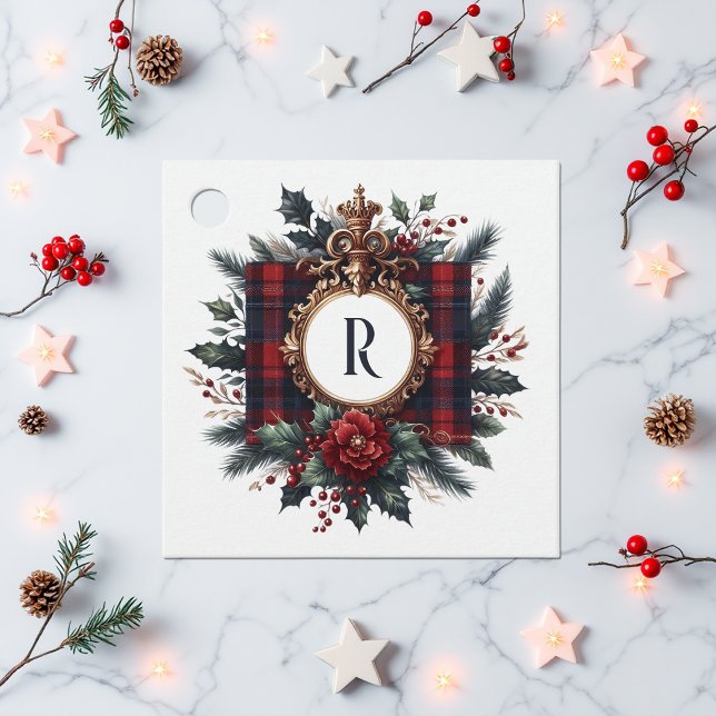 Vintager Reiher Kariertes Wappen Monogramm Urlaub Geschenkanhänger (Vintage Rich Plaid Crest Monogram Holiday Favor Tags)