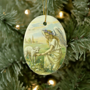 Vintager religiöser Osterngel mit Lamm Viktorianis Keramikornament