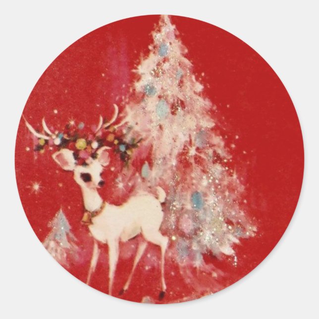 Vintager Rentier und Weihnachtsbaum Runder Aufkleber (Vorderseite)