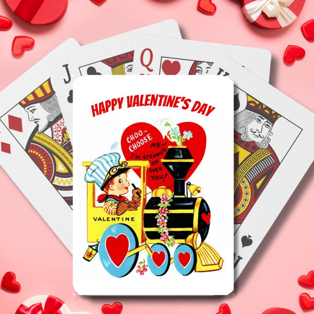 Vintager Retro-Junge am Zug Valentinstag Spielkarten (Vintage Retro Boy on Train Valentine's Day Playing Cards)