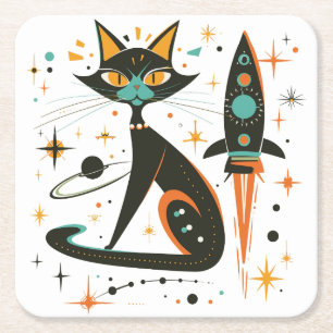 Vintager Retro-MCM Katzen-Raumschiff-Planet Rechteckiger Pappuntersetzer