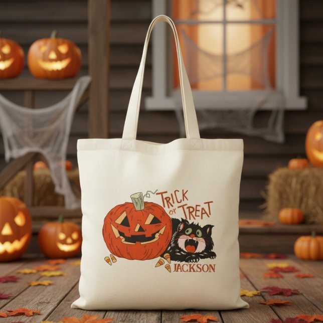 Vintager Retro Trick oder Trick Custom Halloween Tragetasche (Vintage Retro Trick or Trick Custom Halloween Tote Bag - Just add your trick-or-treater's name!)