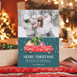 Vintager Retro-Truck Weihnachtsbaum aquamarines Fo Feiertagskarte<br><div class="desc">Frohe Weihnachten! Vintage Retro-Truck Aquarellbild und grüner Weihnachtsbaum mit weißem Schnee auf dunkelgrünem aquamarinem Grün,  fügen 1 Foto. Perfekte Winter- und Urlaubskarte.</div>