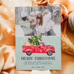 Vintager Retro-Truck Weihnachtsbaum blaues Foto Feiertagskarte<br><div class="desc">Frohe Weihnachten! Vintage Retro-Truck Aquarellbilder und grüner Weihnachtsbaum mit weißem Schnee auf pastellfarbenem hellblauen Cyan,  fügen 1 Foto. Perfekte Winter- und Urlaubskarte.</div>