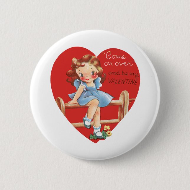 Vintager Retro-Valentinstag, Mädchen auf einem Zau Button (Vorderseite)