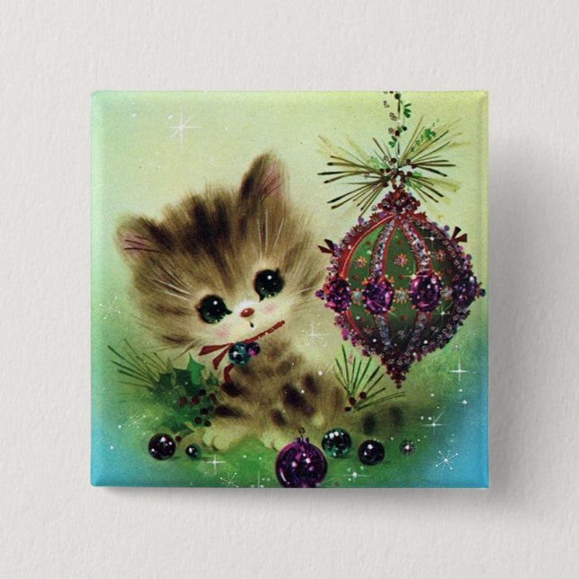 Vintager Retro Weihnachtskatzenurlaub Button (Vorderseite)