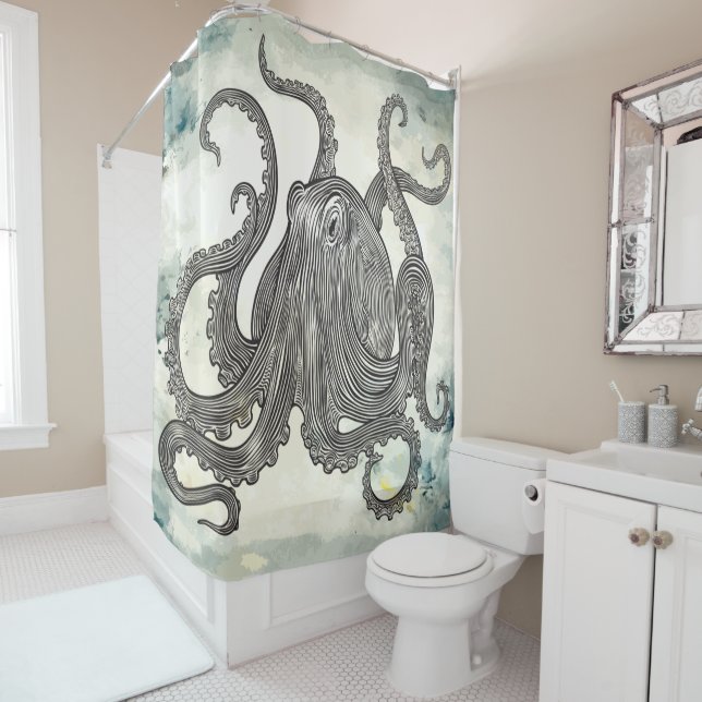 Vintager Riesenoktopus auf Wasserfarbe Duschvorhang (Beispiel)