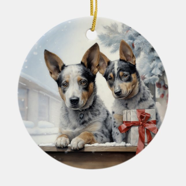Vintager Rinderhund Weihnachten Keramik Ornament (Vorne)