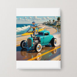 Vintager Roboter mit Surfbrett , am Strand Button