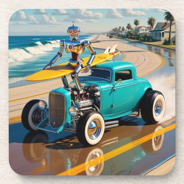 Vintager Roboter mit Surfbrett , am Strand Getränkeuntersetzer (Vorderseite)