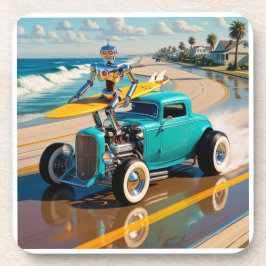 Vintager Roboter mit Surfbrett , am Strand Getränkeuntersetzer