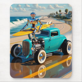 Vintager Roboter mit Surfbrett , am Strand Mousepad