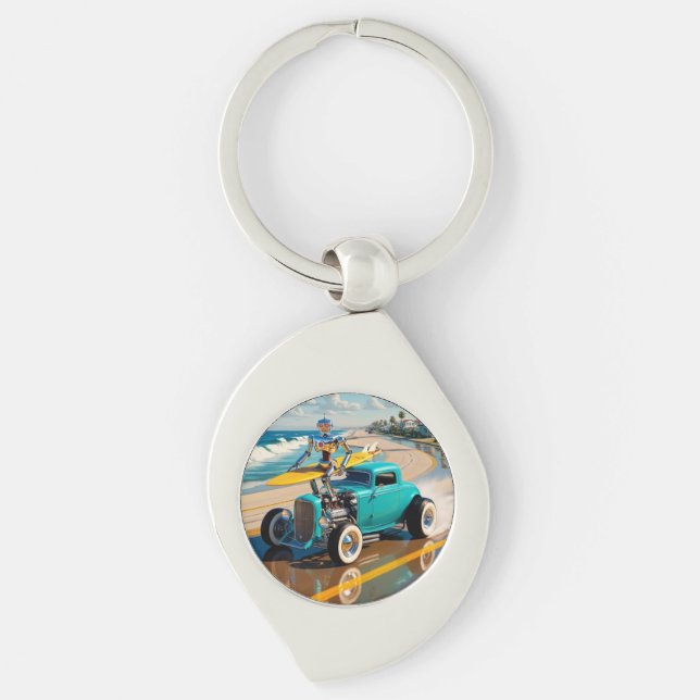 Vintager Roboter mit Surfbrett , am Strand Schlüsselanhänger (Vorderseite)