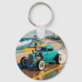 Vintager Roboter mit Surfbrett , am Strand Schlüsselanhänger