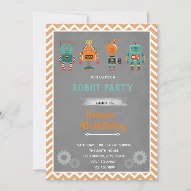 Vintager Robotergeburtstag Einladung (Vorderseite)