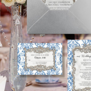 Vintager Rokoko Blue White Silver Floral Wedding RSVP Karte