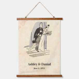 Vintager romantischer Pop Art Bride Groom Retro Ho Wandteppich Mit Holzrahmen