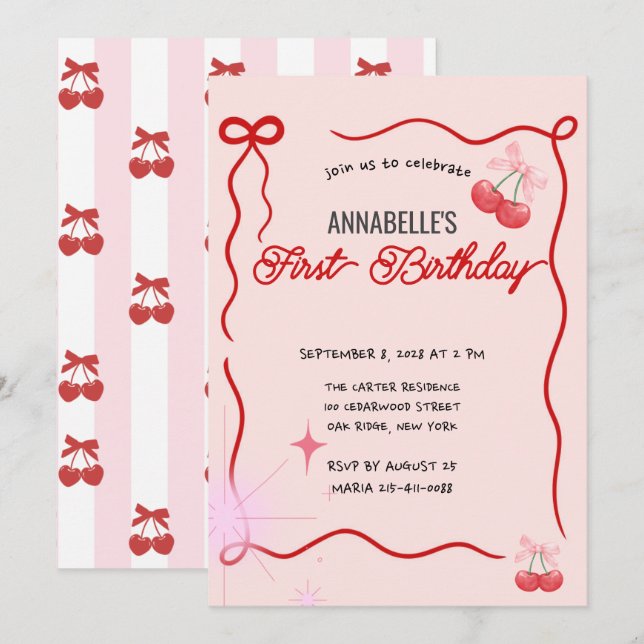 Vintager Rosa Bow Floral Elegante Geburtstag Einladung (Vorne/Hinten)