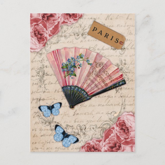 Vintager rosa französischer Fan Postkarte (Vorderseite)