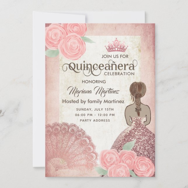 Vintager Rosa-Handventilator Rose tiara Quince Einladung (Vorderseite)