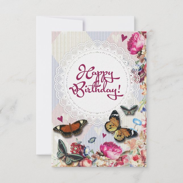 Vintager Rosa Korallenschmetterling Geburtstag Karte (Vorderseite)