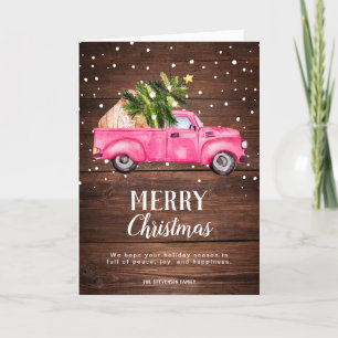 Vintager rosa LKW Weihnachtsbaumholz Foto Feiertagskarte