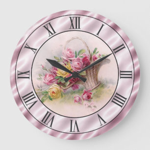 Vintager rosa Rosen-Korb-malvenfarbene Große Wanduhr