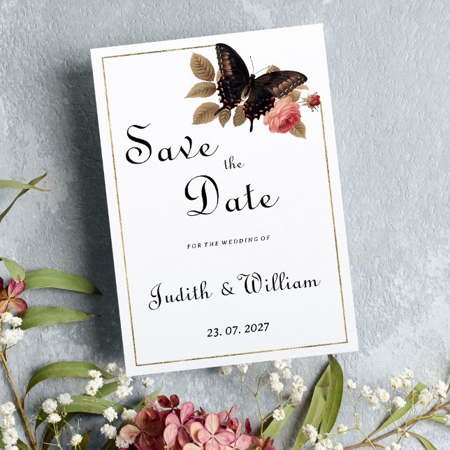 Vintager Rosa-Schmetterling Save the Date Einladung (Vintage brown gold pink butterfly Save the Date)