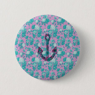 Vintager rosa und blauer mit Blumenanker Button