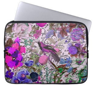 Vintager rosa und lila Vogel und mit Blumen u. Laptopschutzhülle